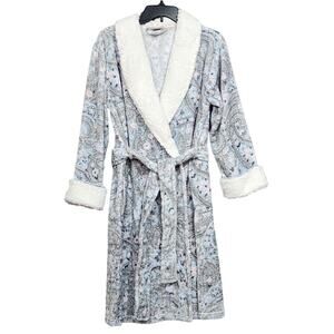 Ink + Ivy Plush Paisley Robe Short Small/Medium Tie-Belt‎ Pockets Gray Blue Pink